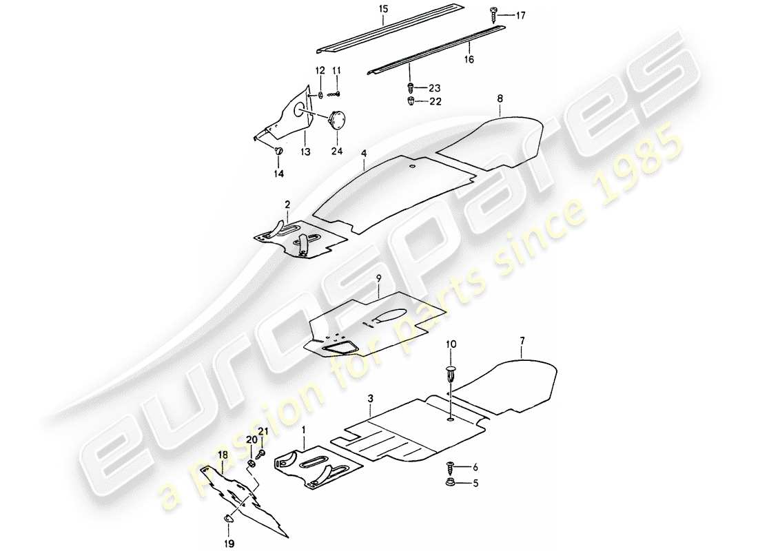 porsche 1993 (964) verkleidungen - fussraum - abnehmbare teppiche ersatzteildiagramm