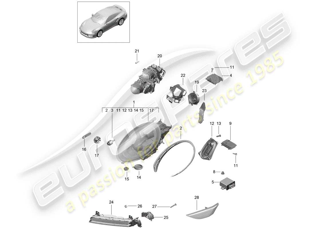 porsche 2014 (991-1 turbo) scheinwerfer-teilediagramm