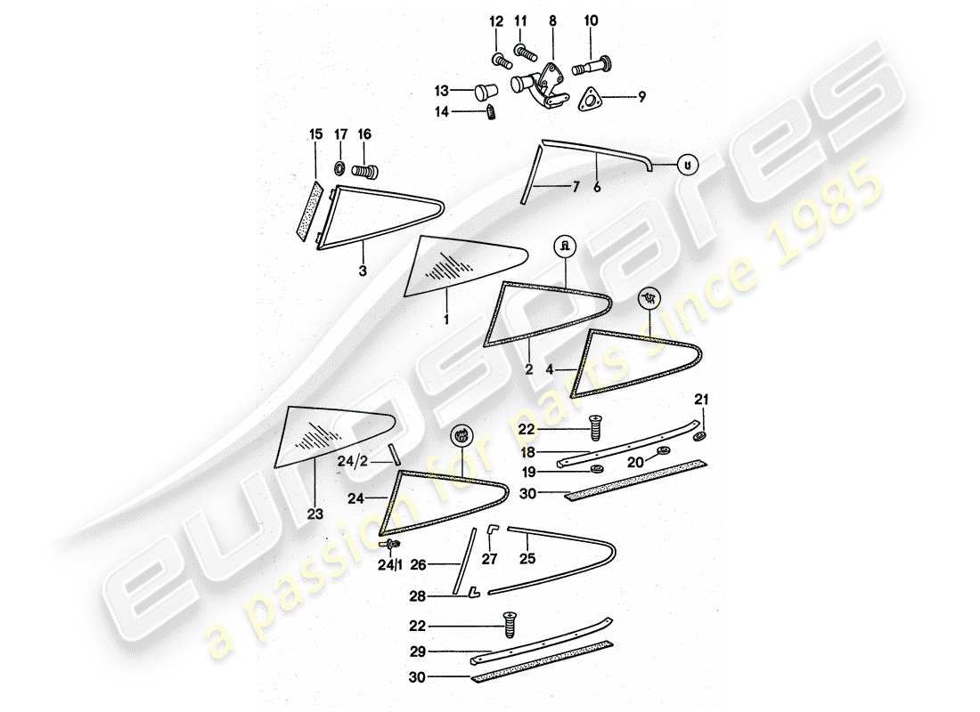 porsche 1977 (911 turbo) fensterverglasung ersatzteildiagramm