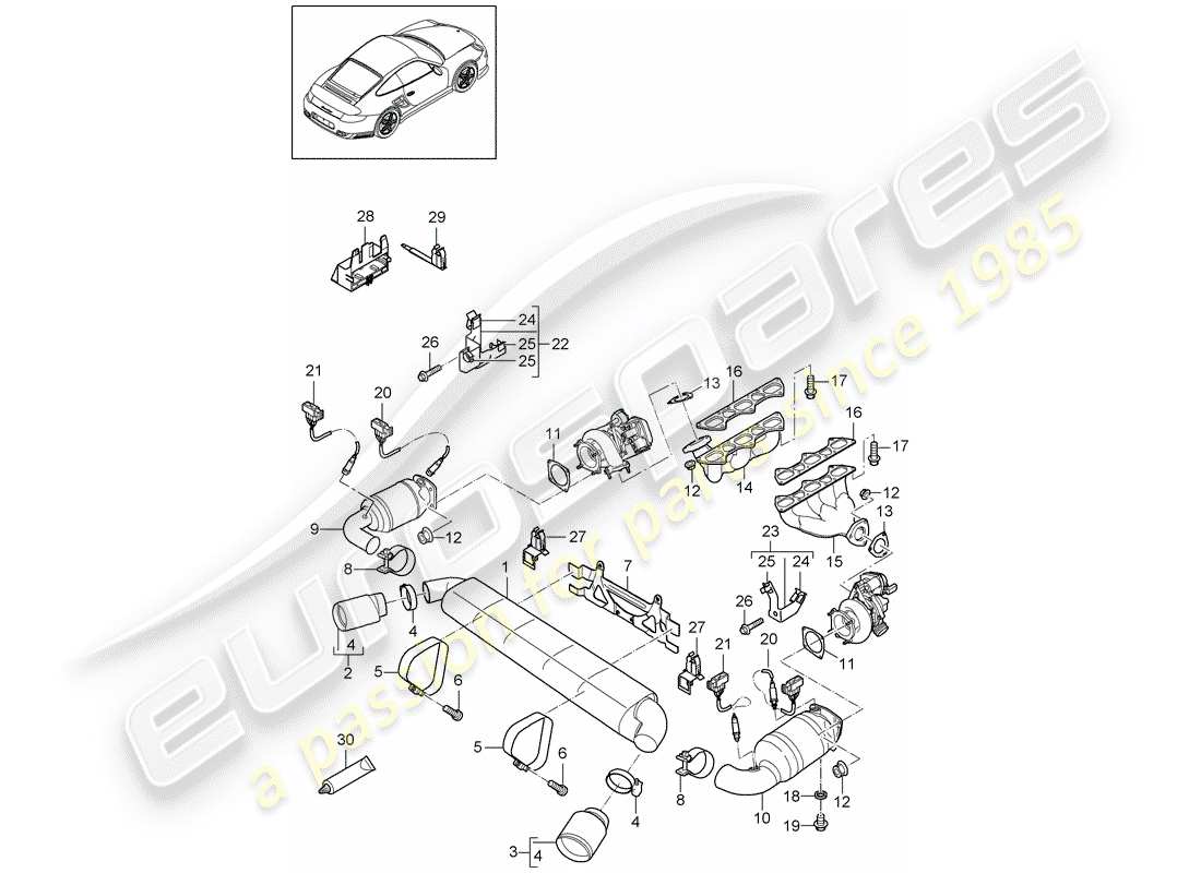 porsche 2011 (997-2 turbo / gt2 rs) auspuffanlage teilediagramm