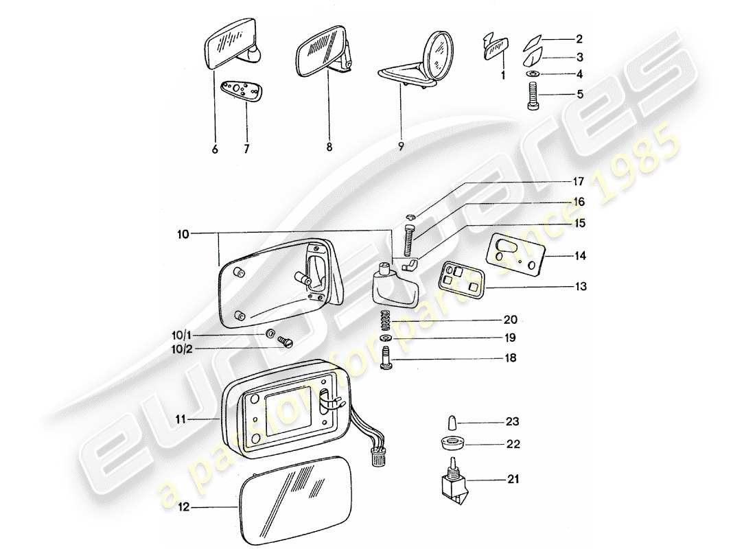 porsche 1975 (911 turbo) rückspiegel innen - rückspiegel teilediagramm
