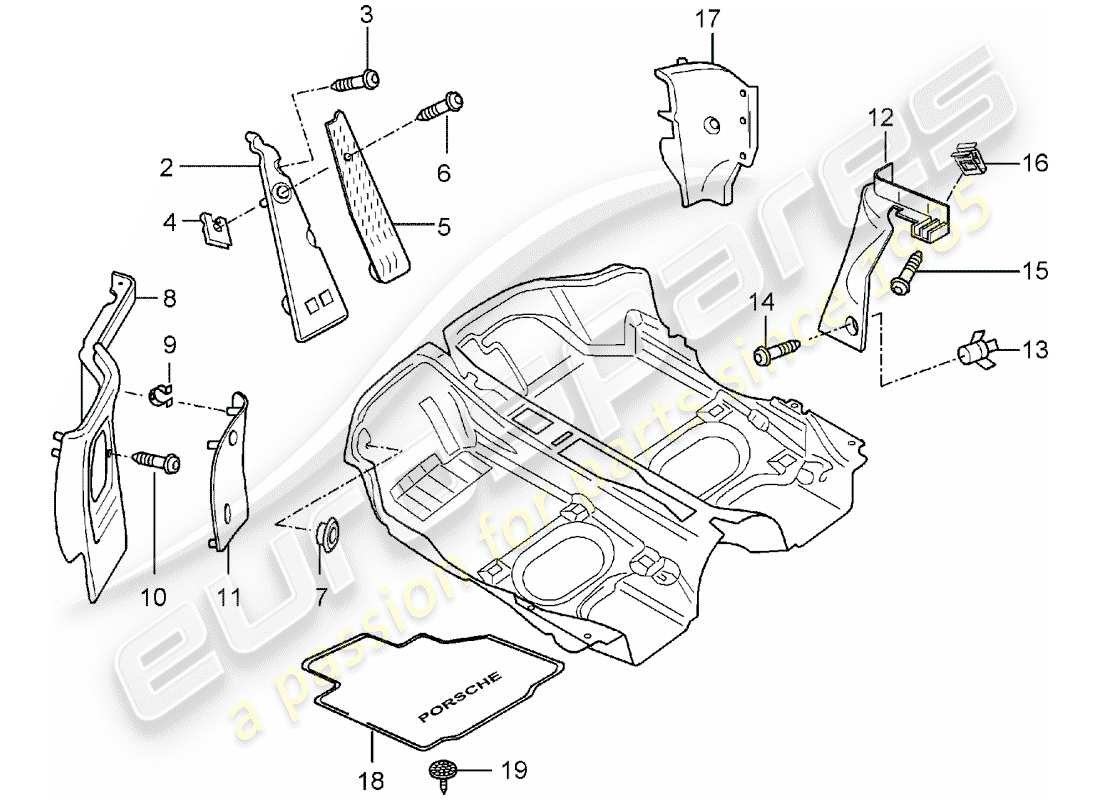 porsche 2003 (986 boxster) innenausstattung - bodenabdeckung - verkleidungen ersatzteildiagramm