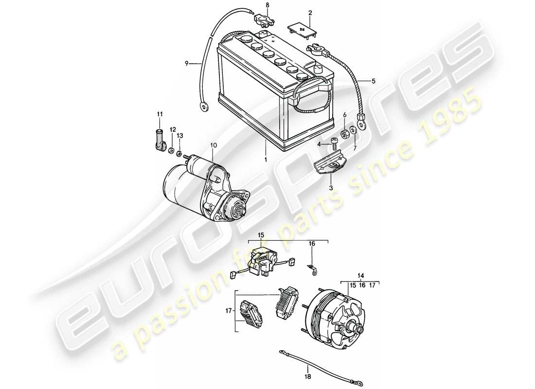 porsche 1989 (911) batterie - anlasser - lichtmaschine ersatzteildiagramm