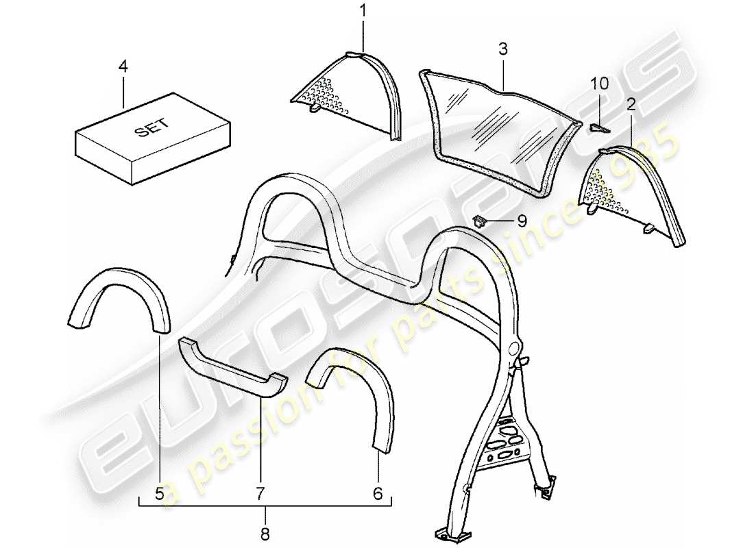 porsche 2000 (986 boxster) windschutzscheiben - und - verkleidungen - überrollbügel ersatzteildiagramm