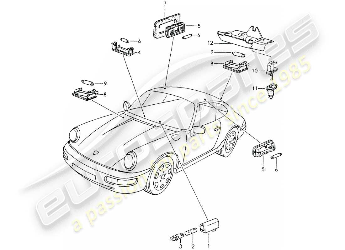 porsche 1991 (964) innenleuchten - gepäckraumlampe - motorraumlampe ersatzteildiagramm
