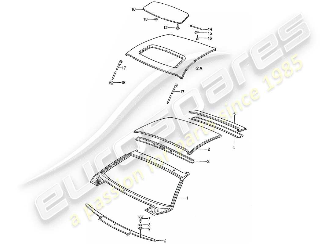 porsche 1987 (928) dach - kapuzenteildiagramm