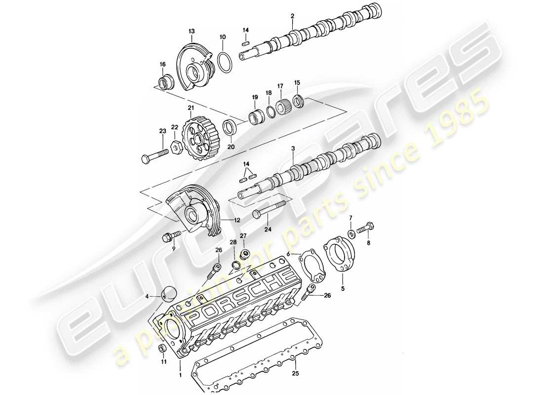 porsche 1986 (928) nockenwelle - 2 - ventil teilediagramm