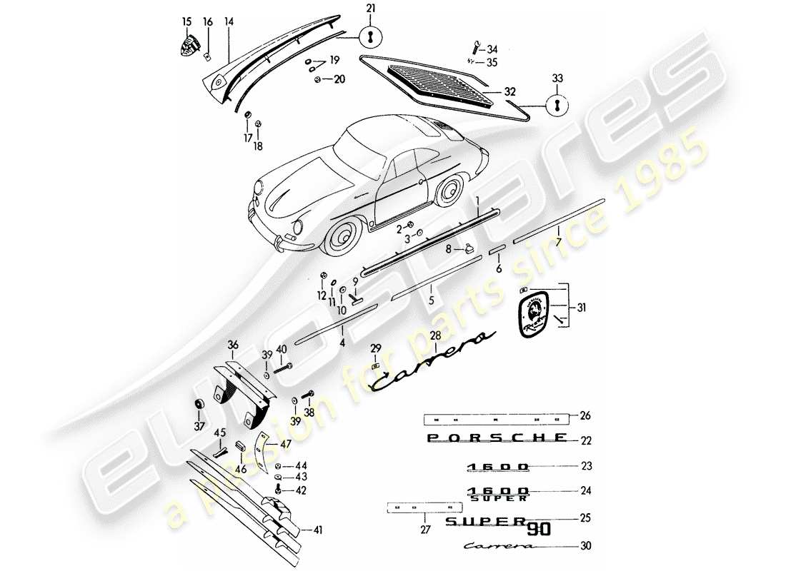 porsche 1962 (356b/356c) dekorative beschläge ersatzteildiagramm