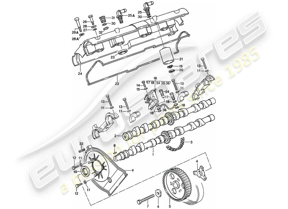porsche 1984 (928) nockenwelle - antriebsmechanismus - 4 - ventil - d - mj 1985>> ersatzteildiagramm