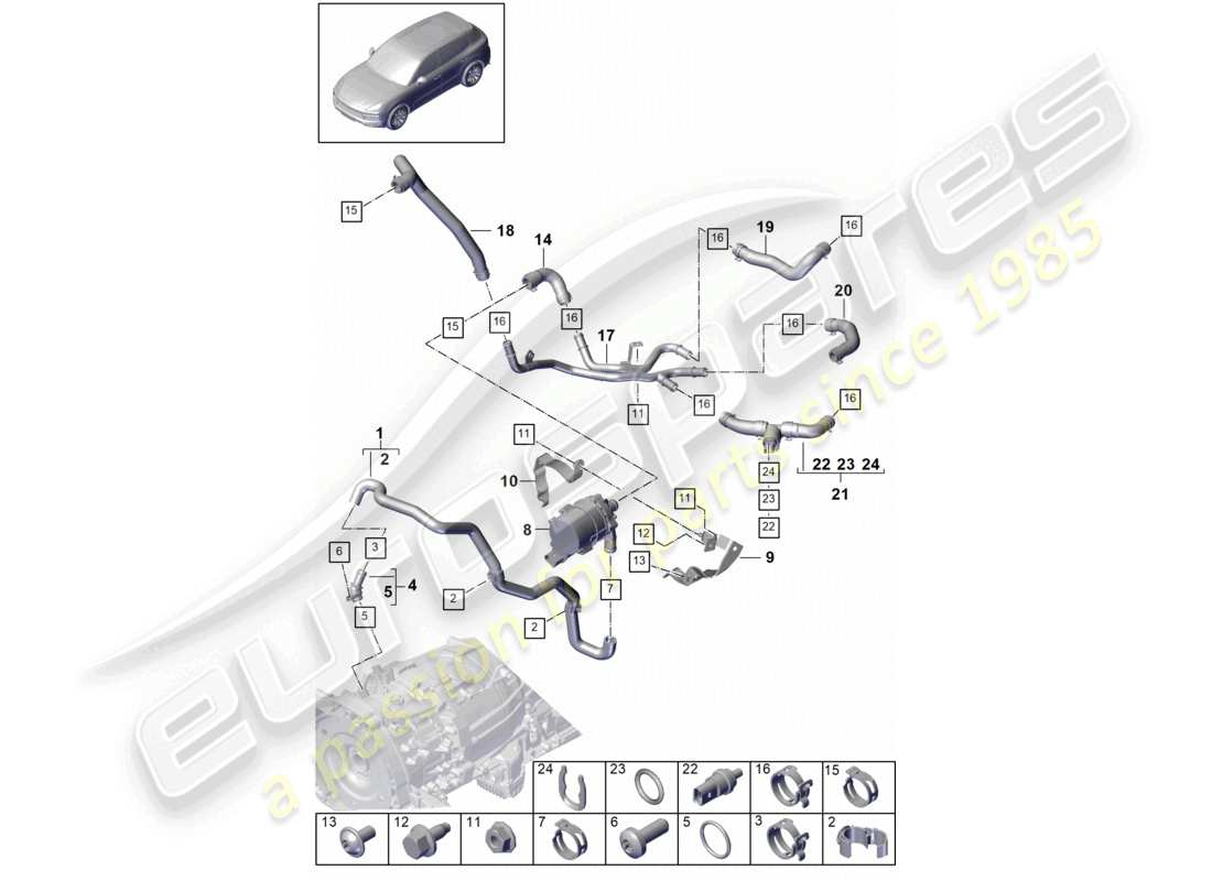 porsche 2019 (cayenne e3 9ya/9yb) kühlmittelkühlsystem kühlmittelschläuche teilediagramm