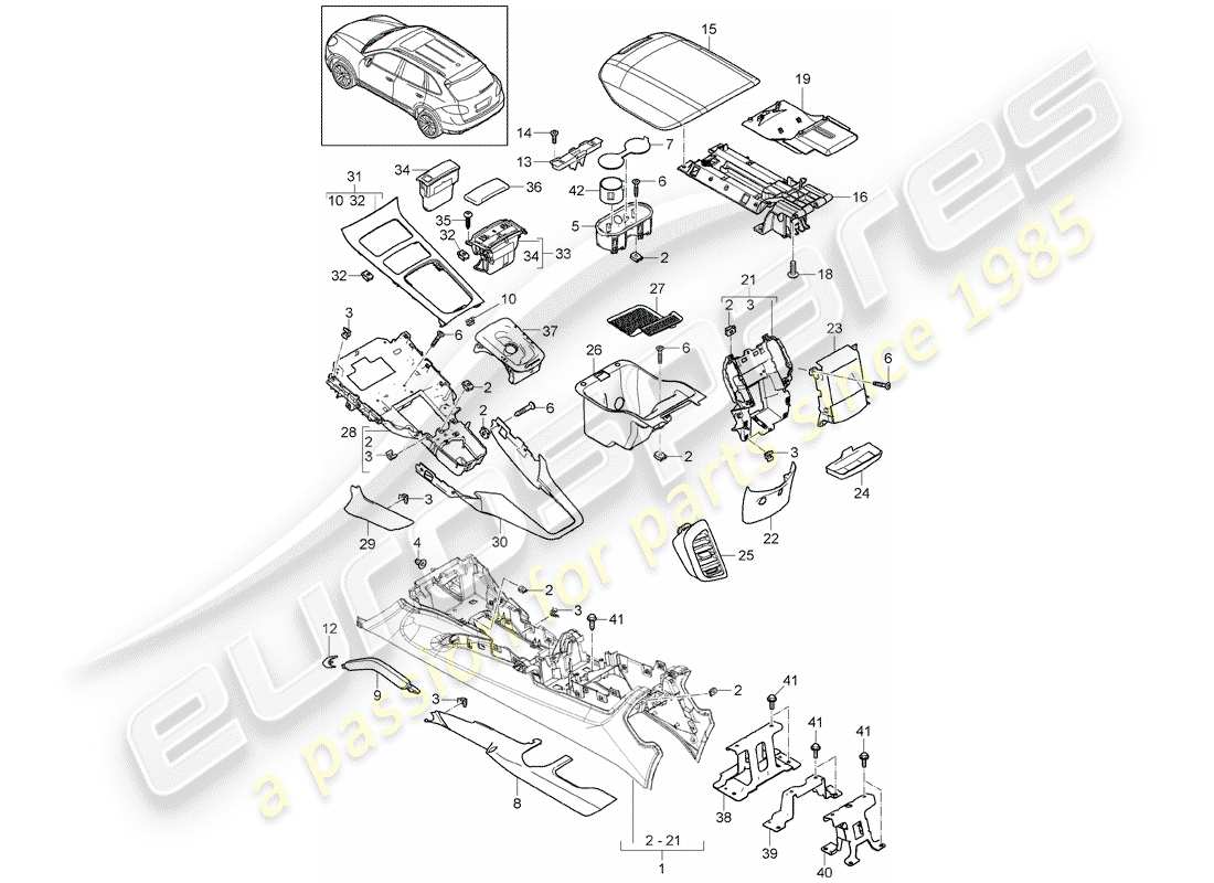 porsche 2018 (cayenne e2 92a) mittelkonsole teilediagramm