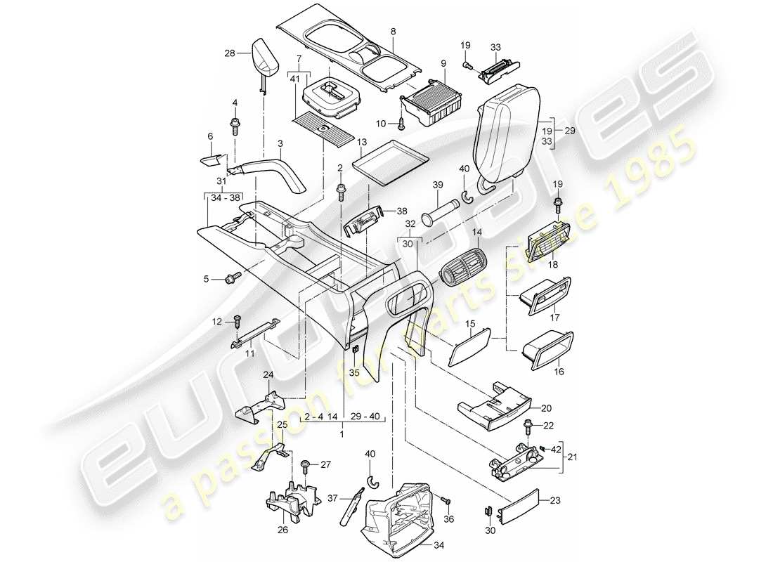 porsche 2008 (cayenne e1 9pa) center console ersatzteildiagramm