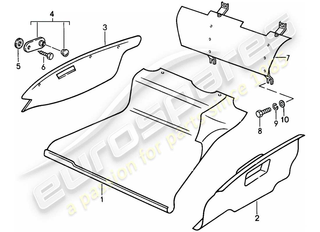porsche 1989 (911) innenausstattung - vorderer gepäckraum ersatzteildiagramm