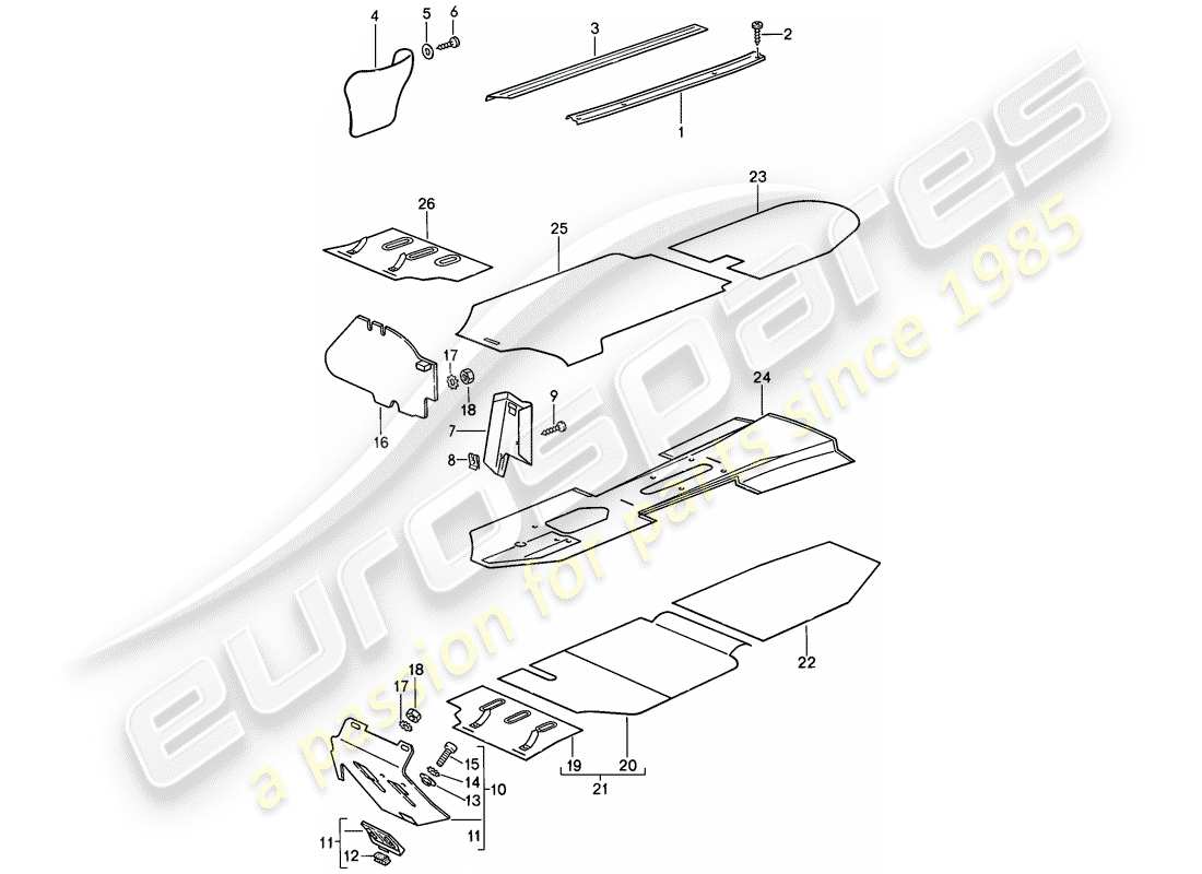 porsche 1989 (911) verkleidungen - fussraum - abnehmbare teppiche ersatzteildiagramm