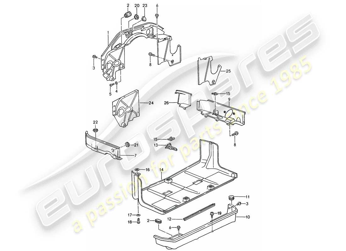 porsche 1994 (993) motorabdeckung - unterseiteschutz ersatzteildiagramm