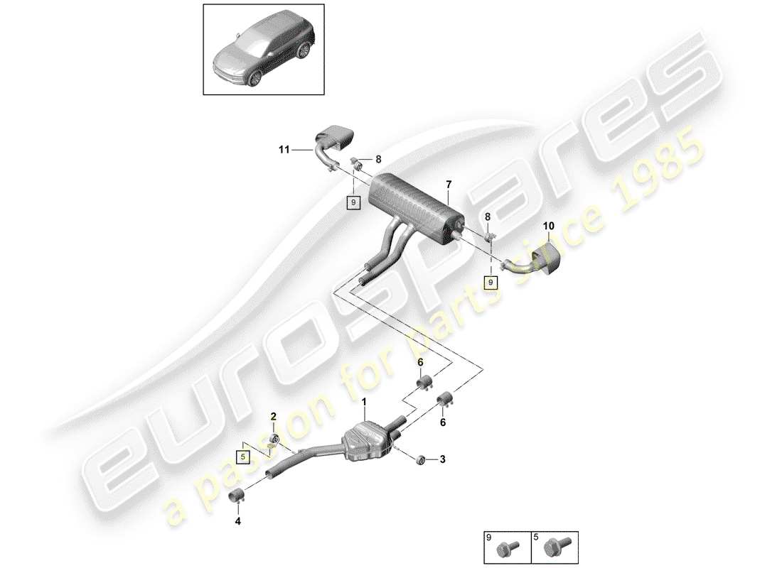 porsche 2020 (cayenne e3 9ya/9yb) auspuffanlage teilediagramm