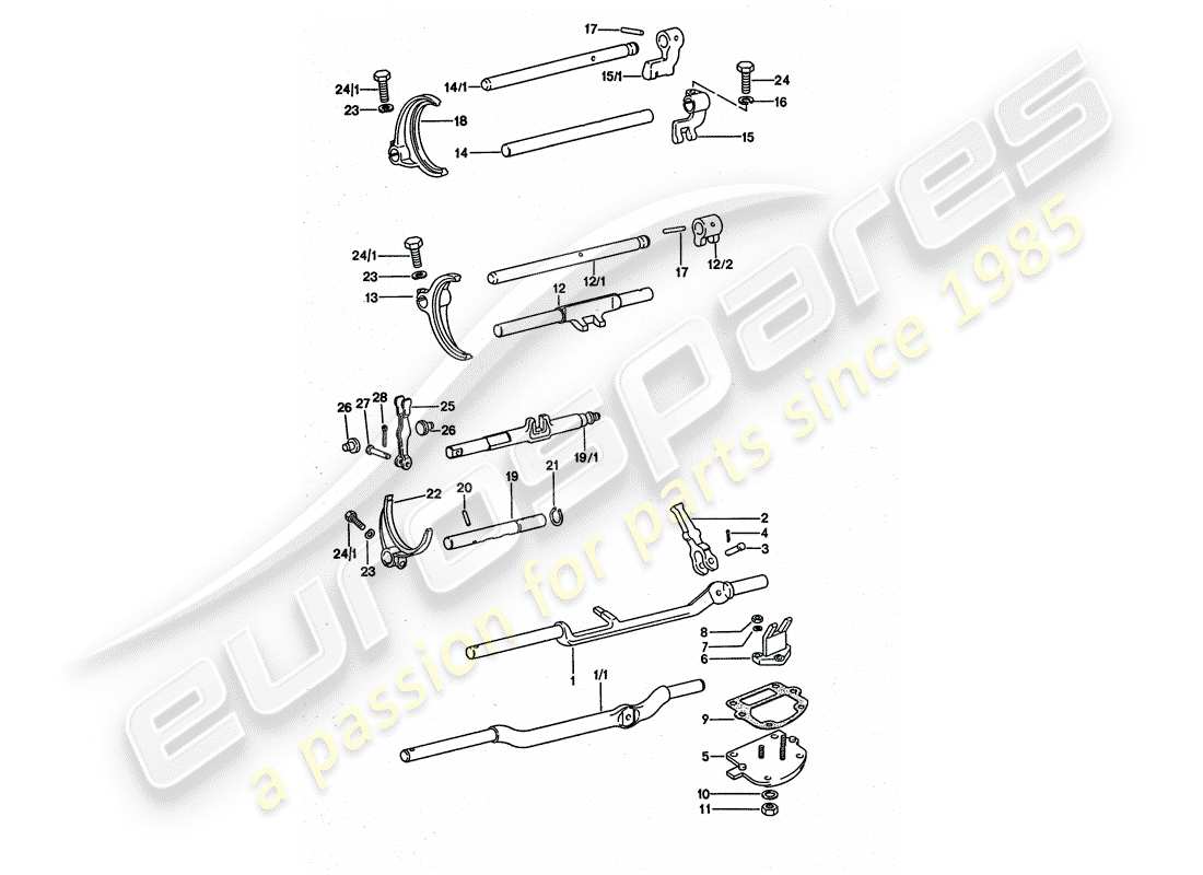 porsche 1975 (911 turbo) schaltstangen - schaltgabeln ersatzteildiagramm