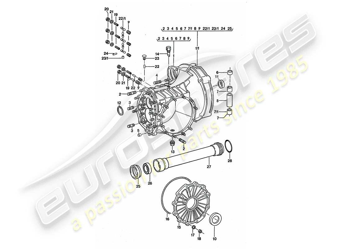 porsche 1977 (911 turbo) ersatzgetriebe - getriebegehäuse teilediagramm