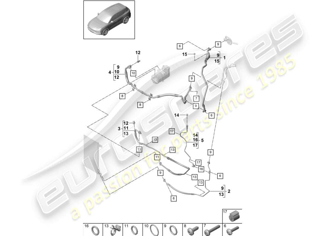 porsche 2019 (cayenne e3 9ya/9yb) kältemittelkreislauf v8 r1234yf kühlmittel für fahrzeuge mit hybridantrieb teilediagramm