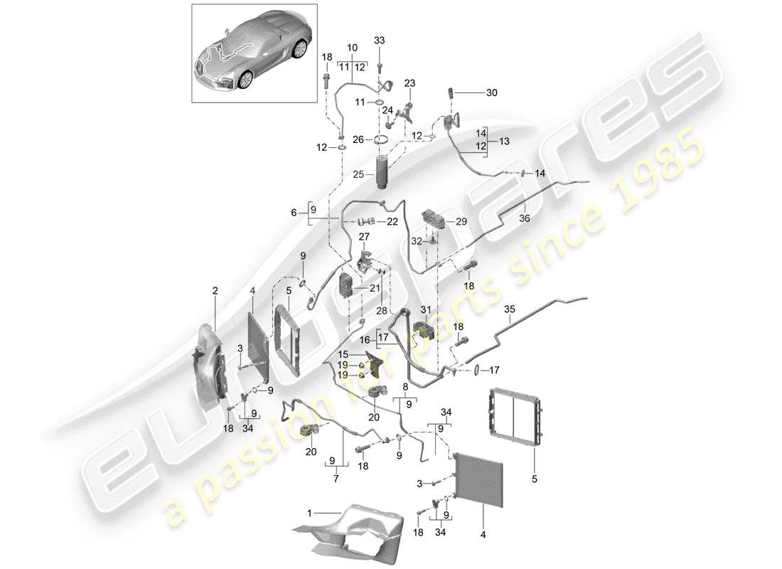 porsche 2016 (981 boxster spyder) kältemittelkreislauf teilediagramm
