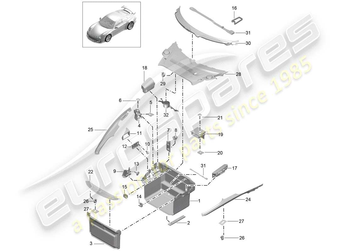 porsche 2016 (991-1 r/gt3/rs) kofferraumverkleidung - ersatzteildiagramm