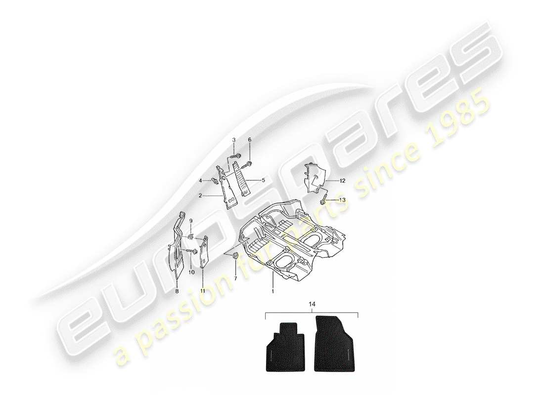 porsche 2004 (996 turbo / gt2) bodenabdeckung - verkleidungen ersatzteildiagramm