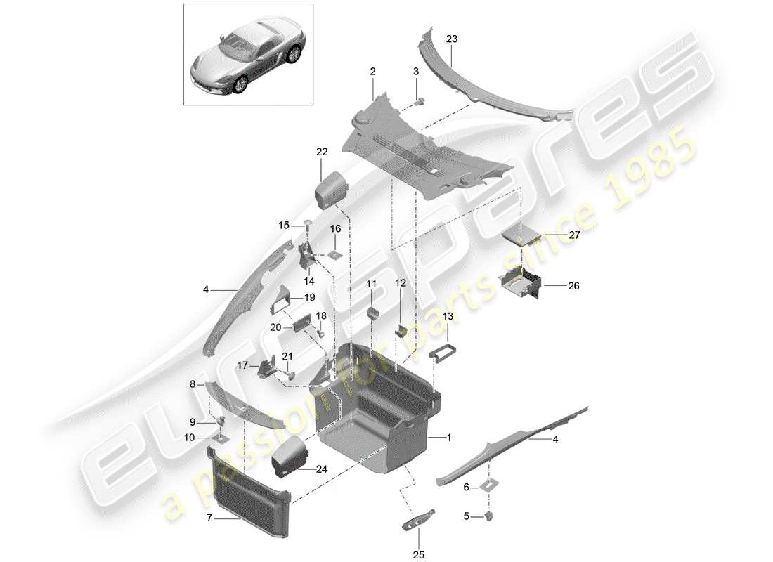 porsche 718 boxster (2017) kofferraumverkleidung - ersatzteildiagramm