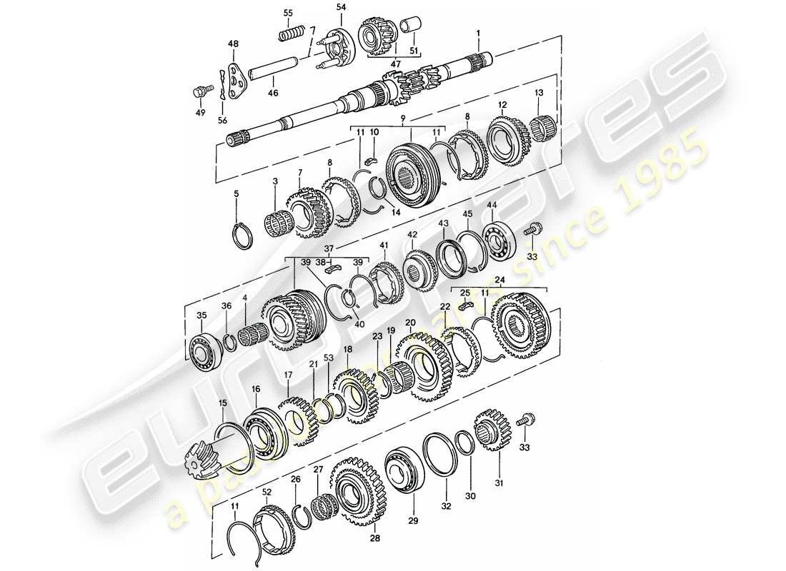 porsche 1986 (944) zahnräder und wellen - schaltgetriebe ersatzteildiagramm