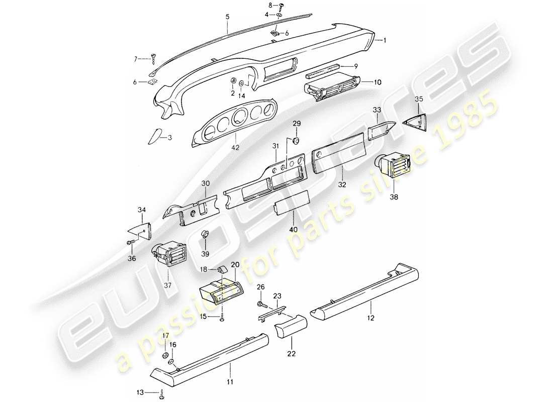 porsche 1991 (964) armaturenbrett - knieschützerverkleidung - für fahrzeuge ohne airbag ersatzteildiagramm