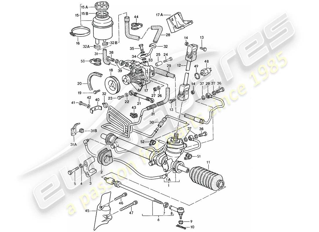 porsche 1988 (944) servolenkung - lenkgetriebe - servolenkpumpe - leitungen ersatzteildiagramm