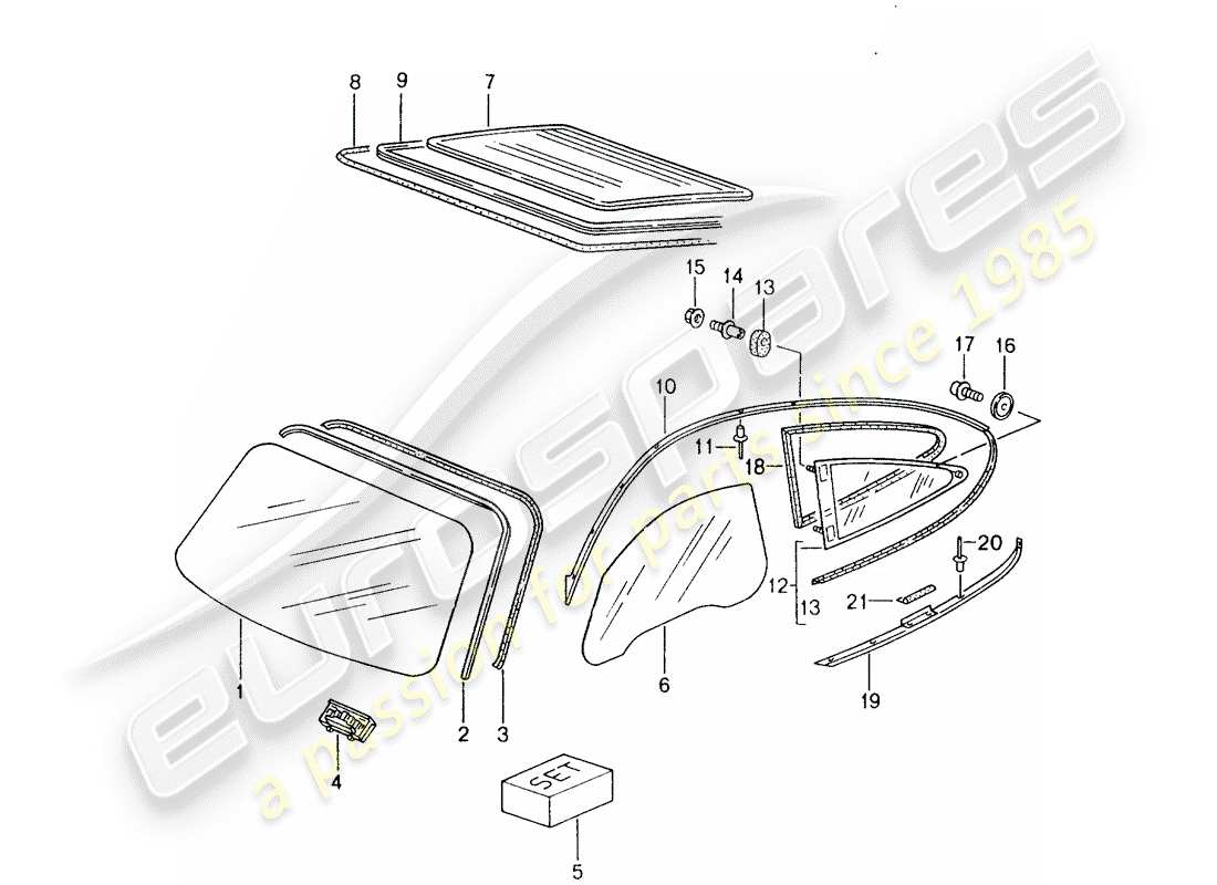 porsche 2005 (996) windschutzscheibenglas - heckscheibenglas - seitenfenster teilediagramm