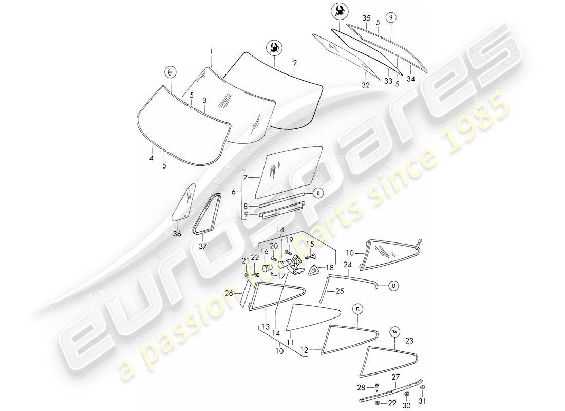 porsche 1970 (911) fensterverglasung ersatzteildiagramm