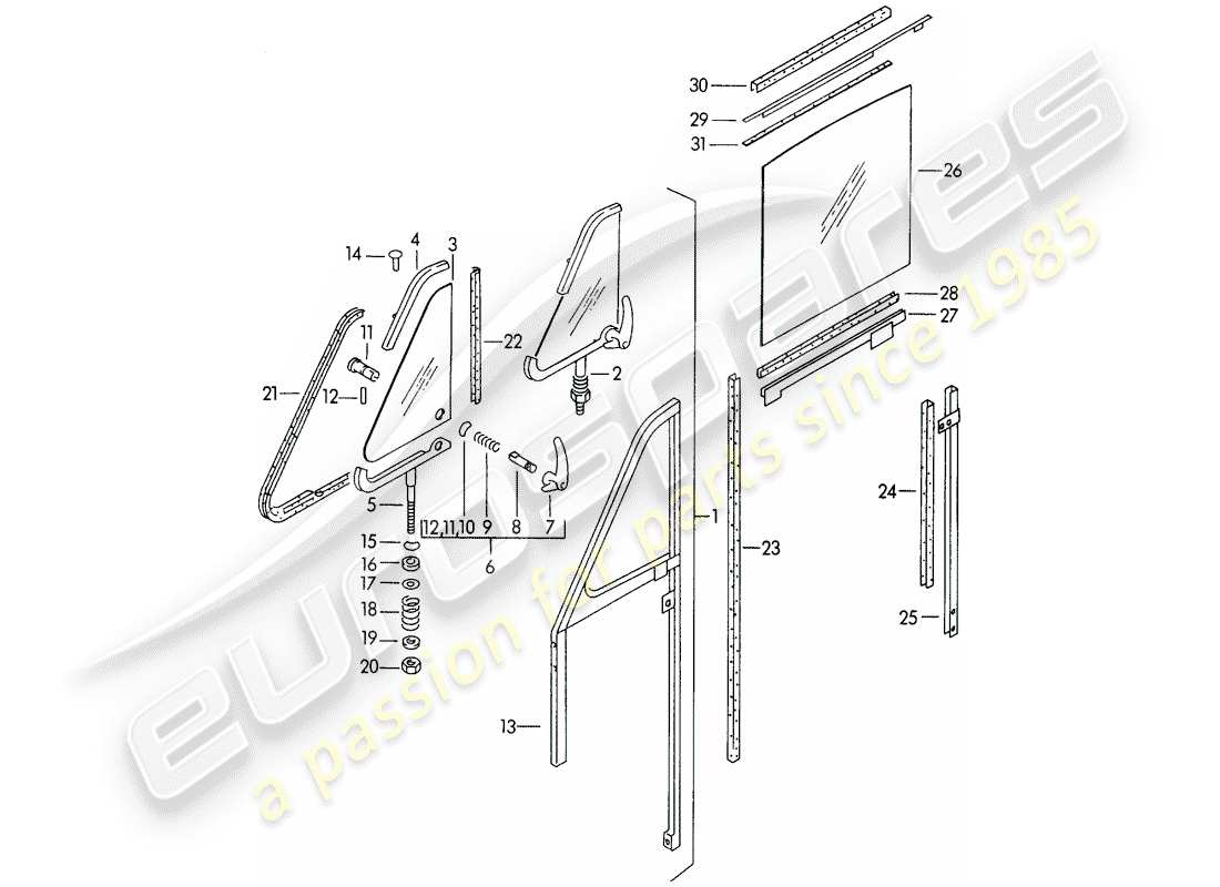 porsche 1954 (356/356a) türfenster - f 150 001 >> ersatzteildiagramm