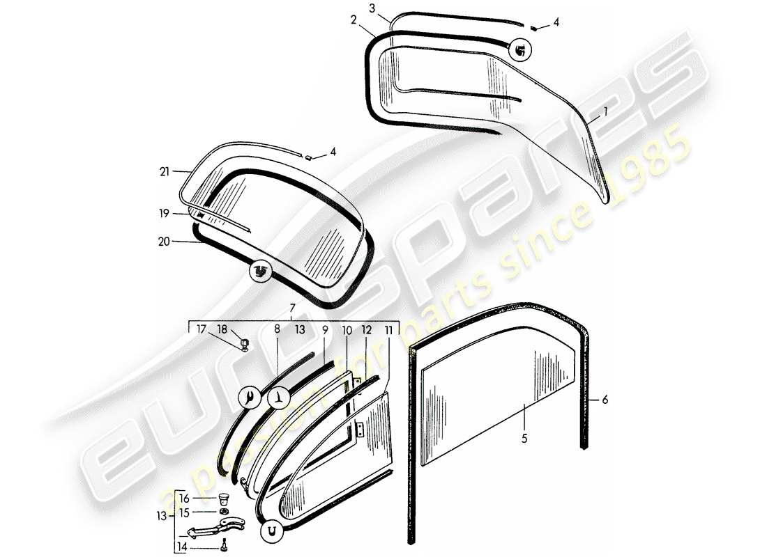 porsche 1956 (356/356a) fensterverglasung ersatzteildiagramm