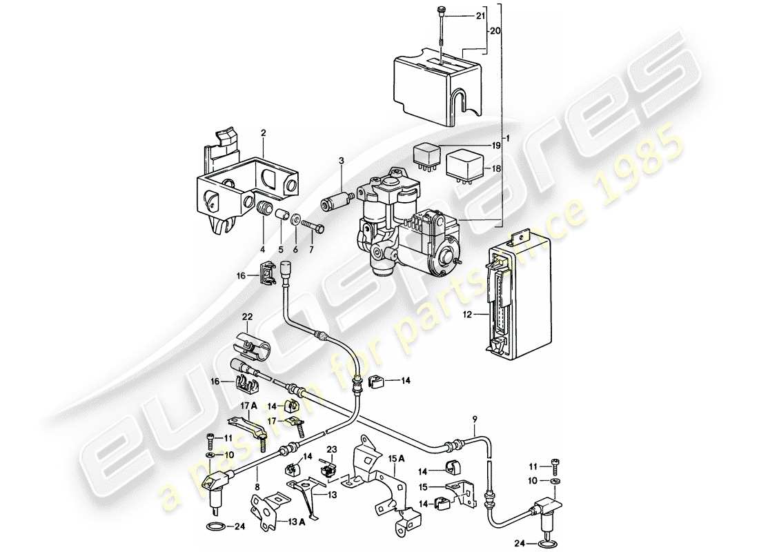 porsche 1985 (928) antiblockiersystem -abs- - hydraulikaggregat - geschwindigkeitssensor - elektronisches steuermodul teilediagramm