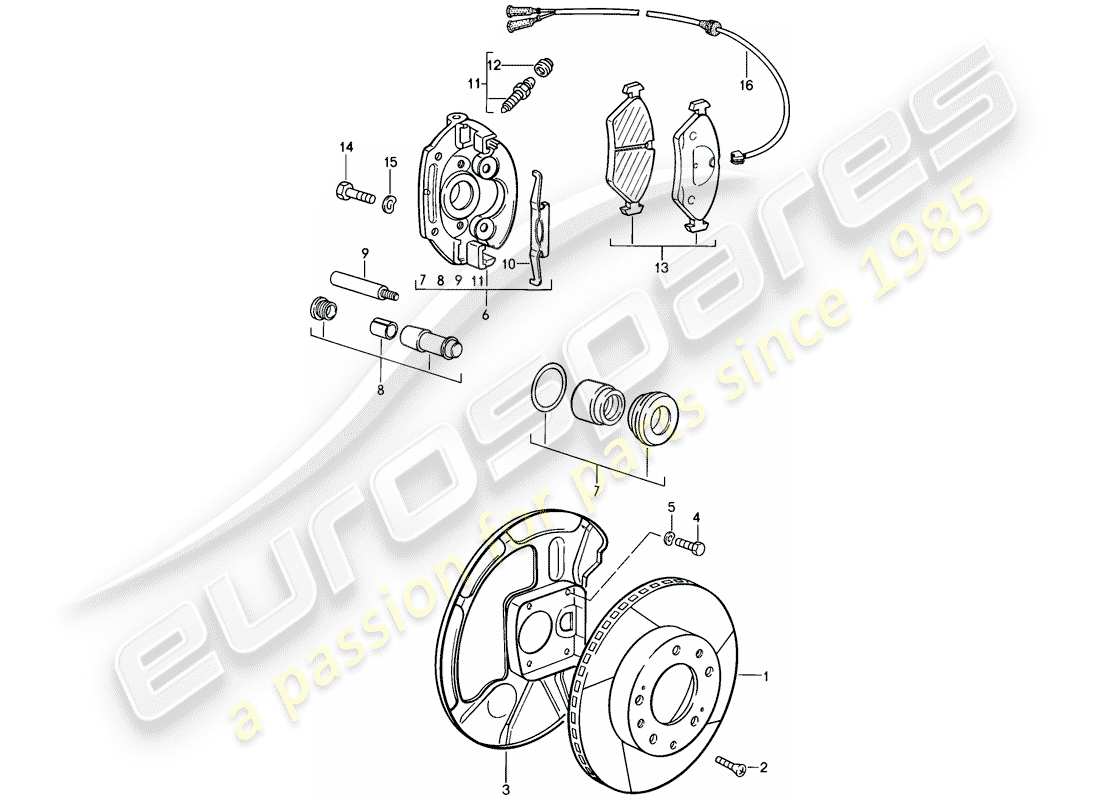 porsche 1985 (928) scheibenbremsen - vorderachse - schwimmsattel - auch verwenden: - befestigungselemente - für - bremsbeläge ersatzteildiagramm