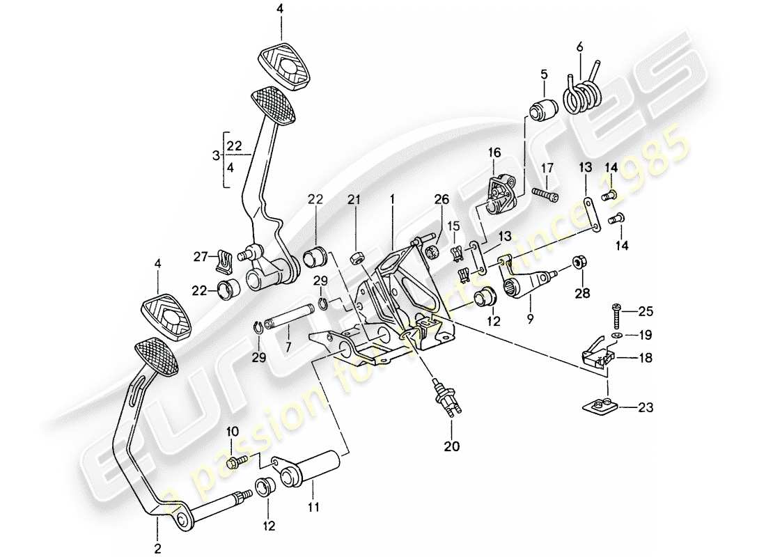 porsche 1998 (993) pedale - schaltgetriebe ersatzteildiagramm
