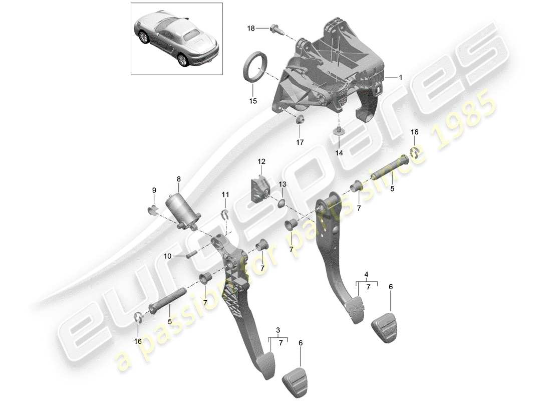 porsche 2019 (718 boxster) brems- und beschleunigungspedalbaugruppe teilediagramm