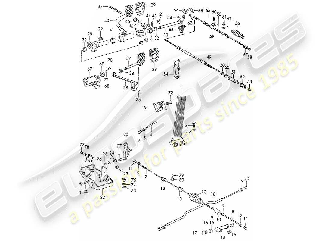 porsche 1972 (911) pedale - für fahrzeuge mit - schaltgetriebe ersatzteildiagramm