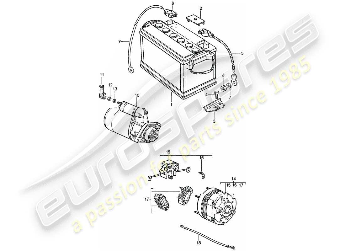 porsche 1984 (911) batterie - anlasser - lichtmaschine ersatzteildiagramm