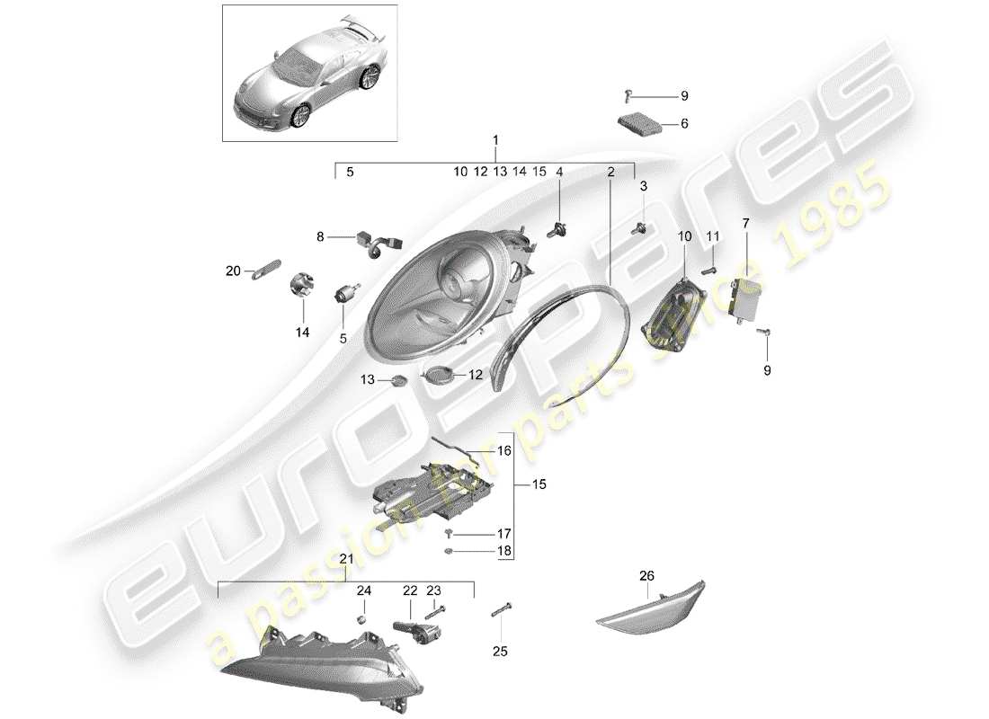 porsche 2017 (991-2 r/gt3/rs) scheinwerfer-teilediagramm