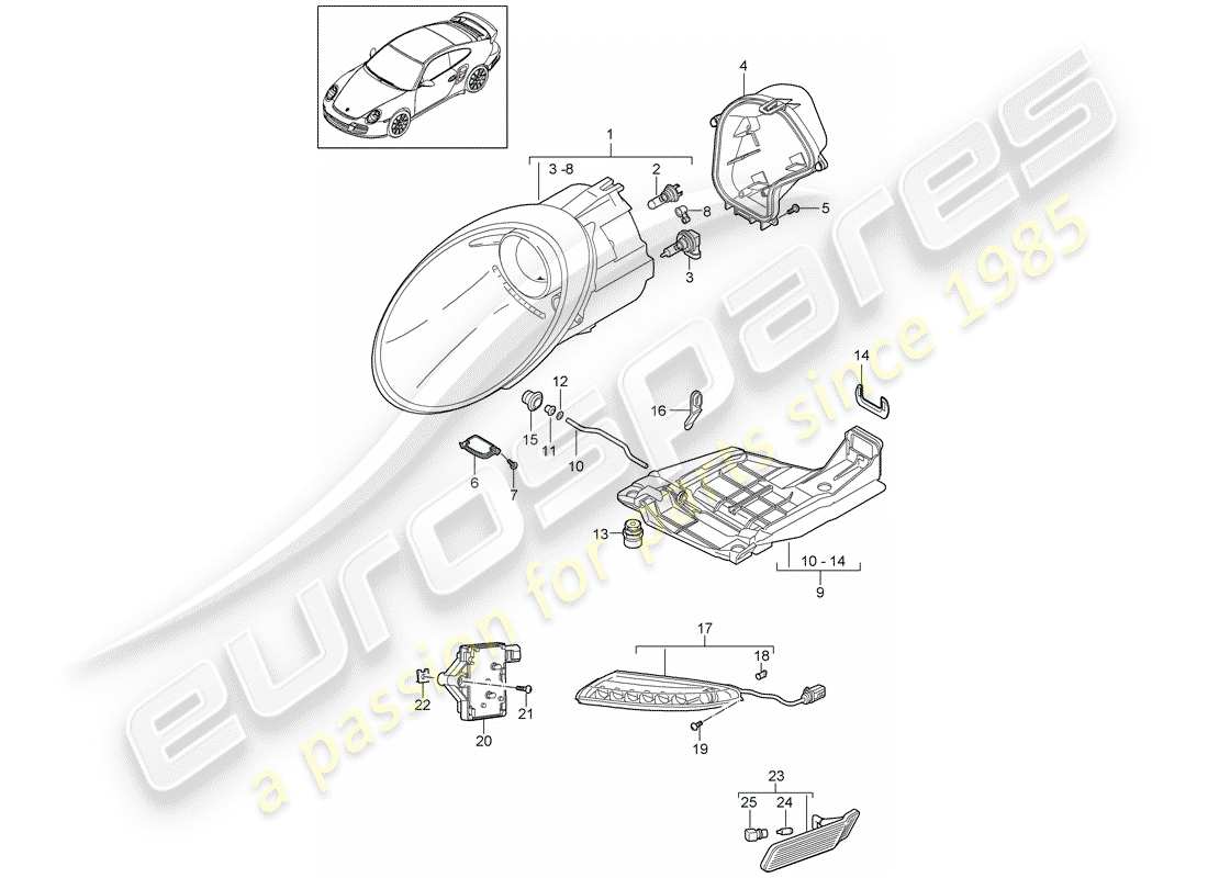 porsche 2013 (997-2 turbo / gt2 rs) scheinwerfer-teilediagramm