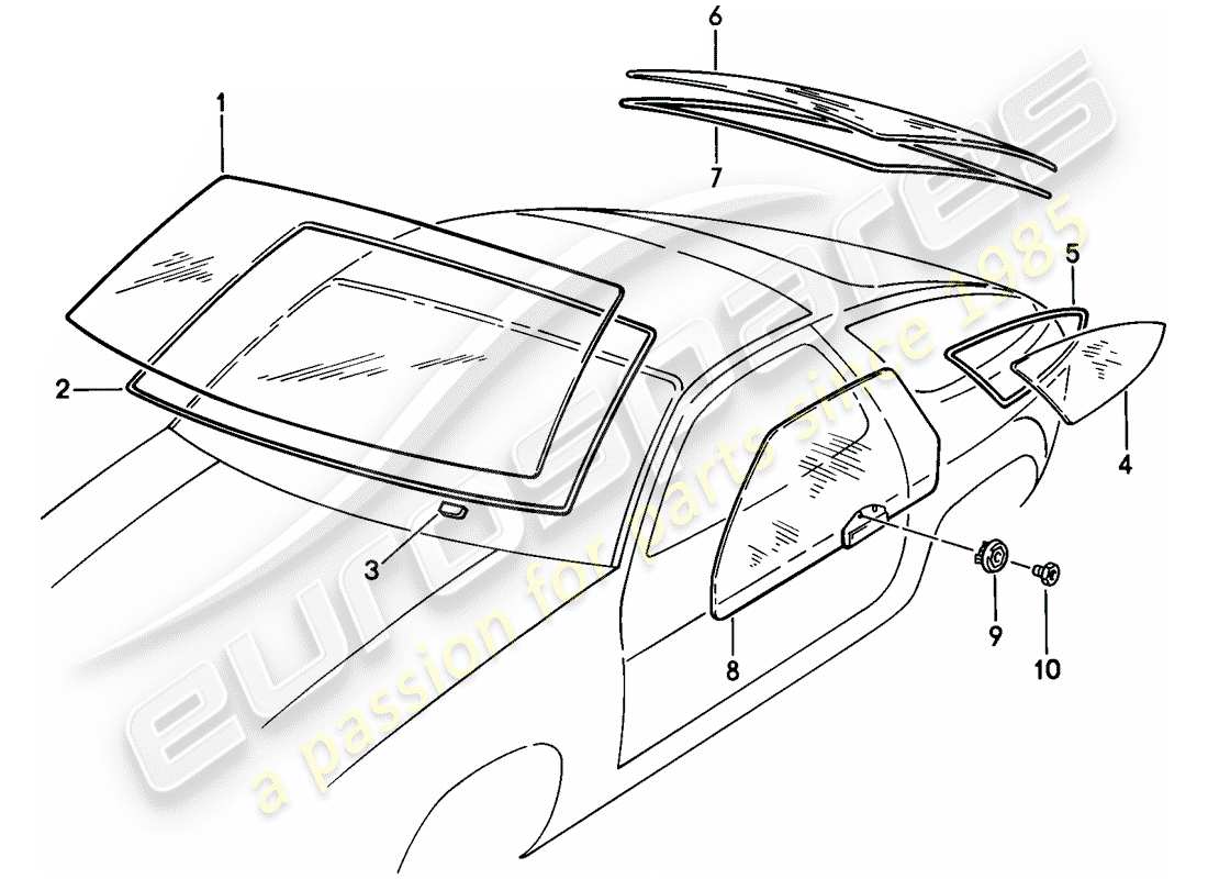 porsche 1980 (928) fenstergläser ersatzteildiagramm