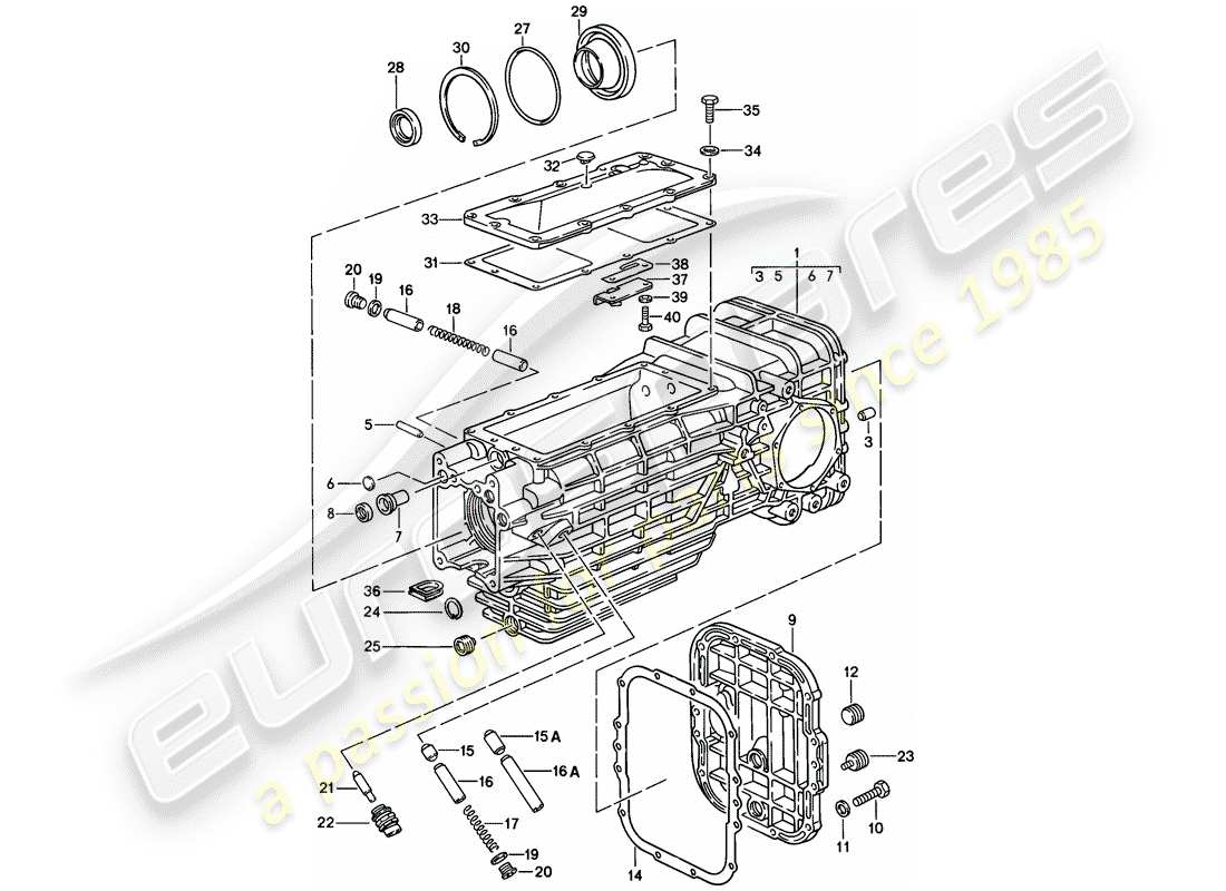 porsche 1985 (928) ersatzgetriebe - getriebegehäuse - schaltgetriebe teilediagramm