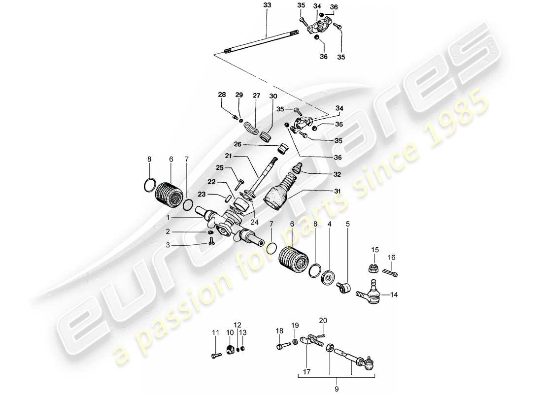porsche 1975 (914) lenkgetriebe - lenkgestänge teilediagramm