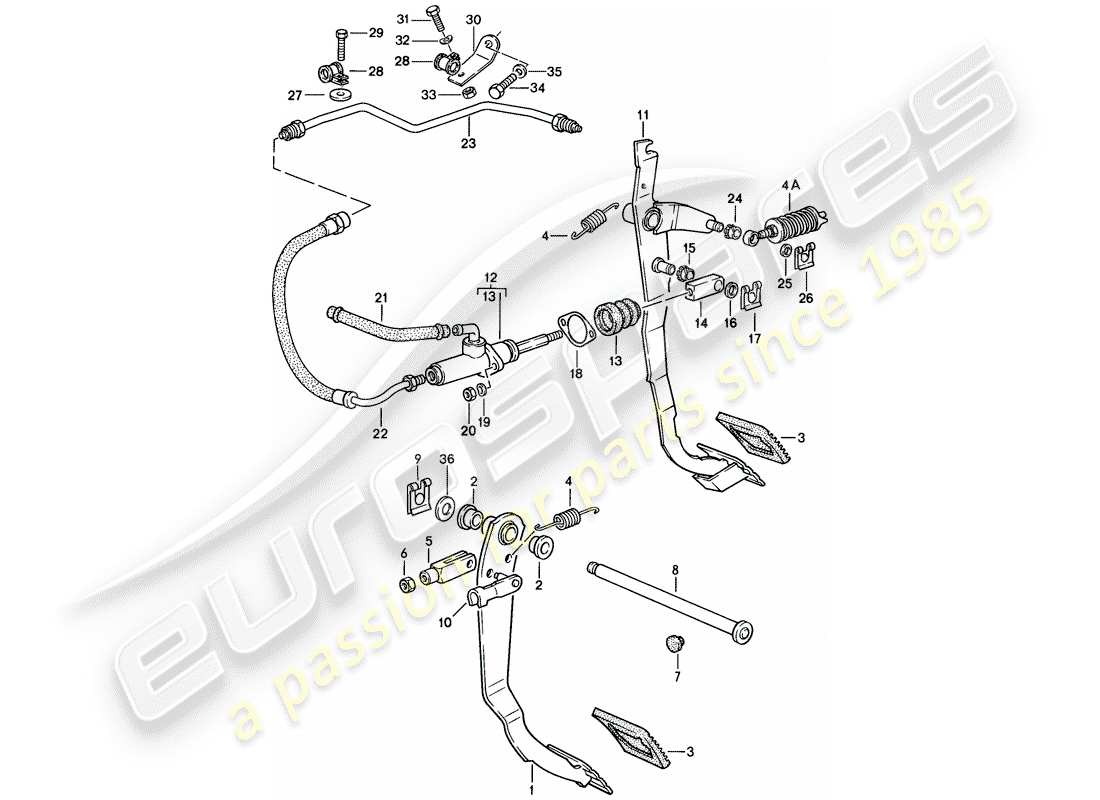 porsche 1986 (924s) bremse - kupplung - pedale ersatzteildiagramm