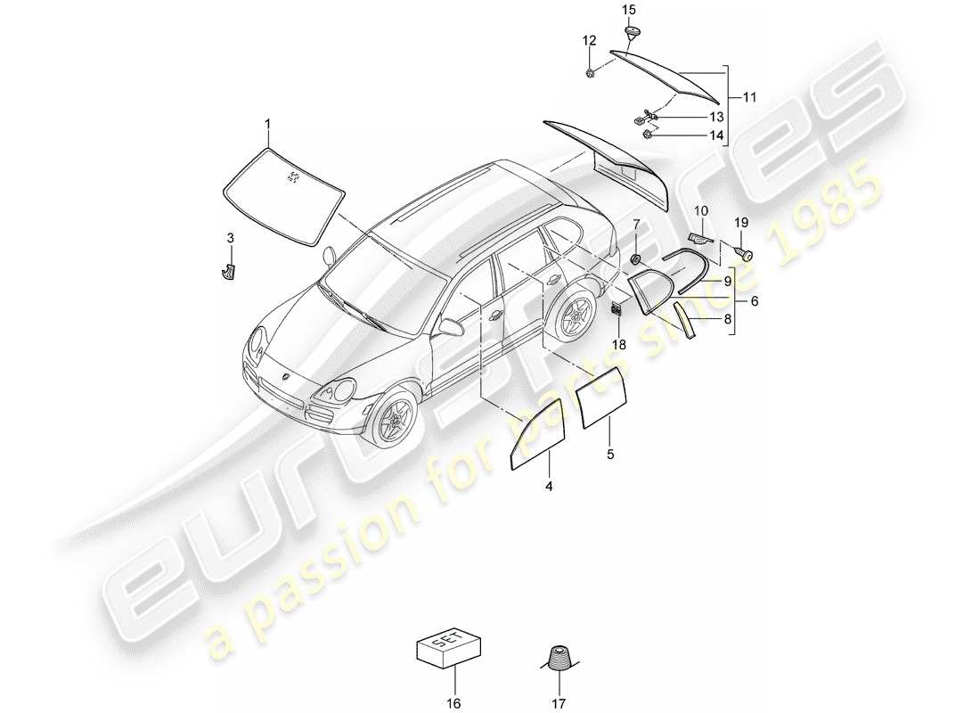 porsche 2003 (cayenne e1 9pa) windschutzscheibenglas ersatzteildiagramm