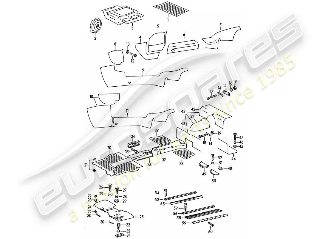 porsche 1965 (356b/356c) verkleidungen - fussraum ersatzteildiagramm