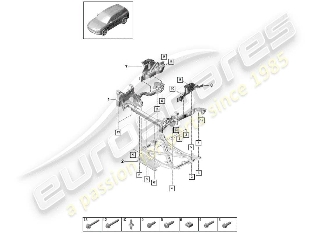 porsche 2018 (cayenne e3 9ya/9yb) hilfsrahmen-ersatzteildiagramm