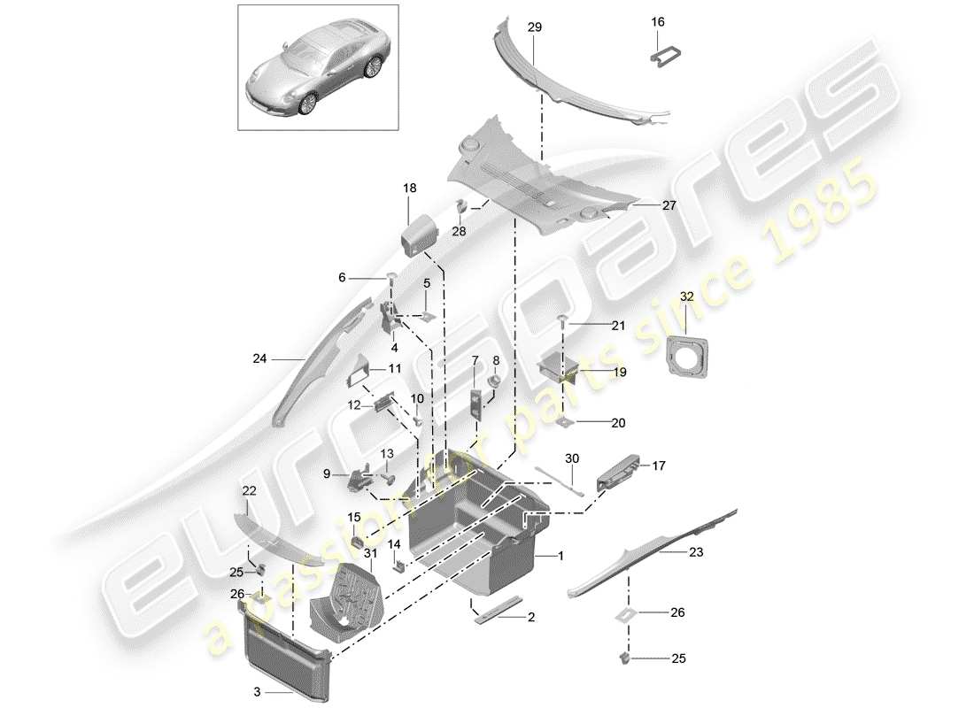 porsche 2020 (991-2) kofferraumverkleidung - ersatzteildiagramm